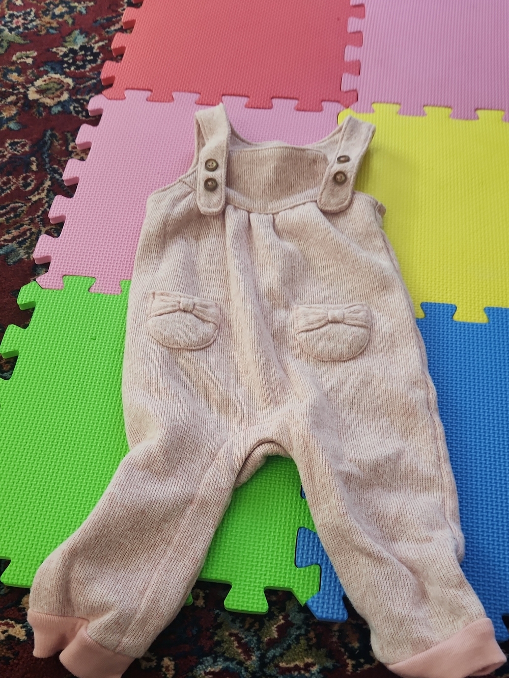 Neutral Cream Knit Baby Overalls with Button Straps